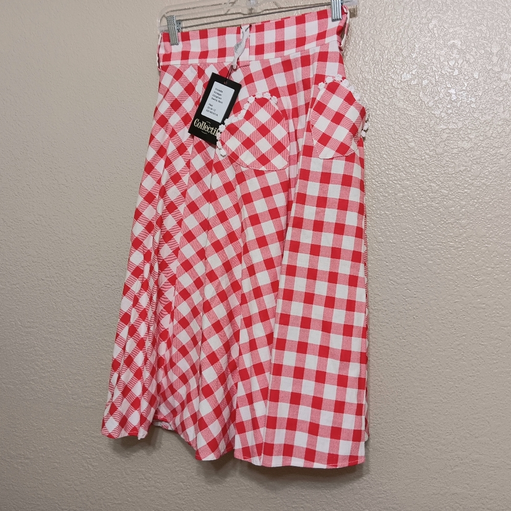 Collectif Red White Gingham Violetta Swing Skirt Heart Pockets NEW No Belt